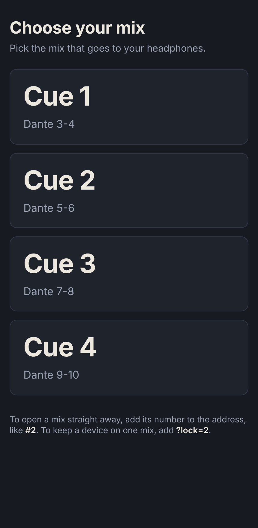 YourCue on a phone: a list of the shared mixes, Cue 1 to Cue 4, to choose from.