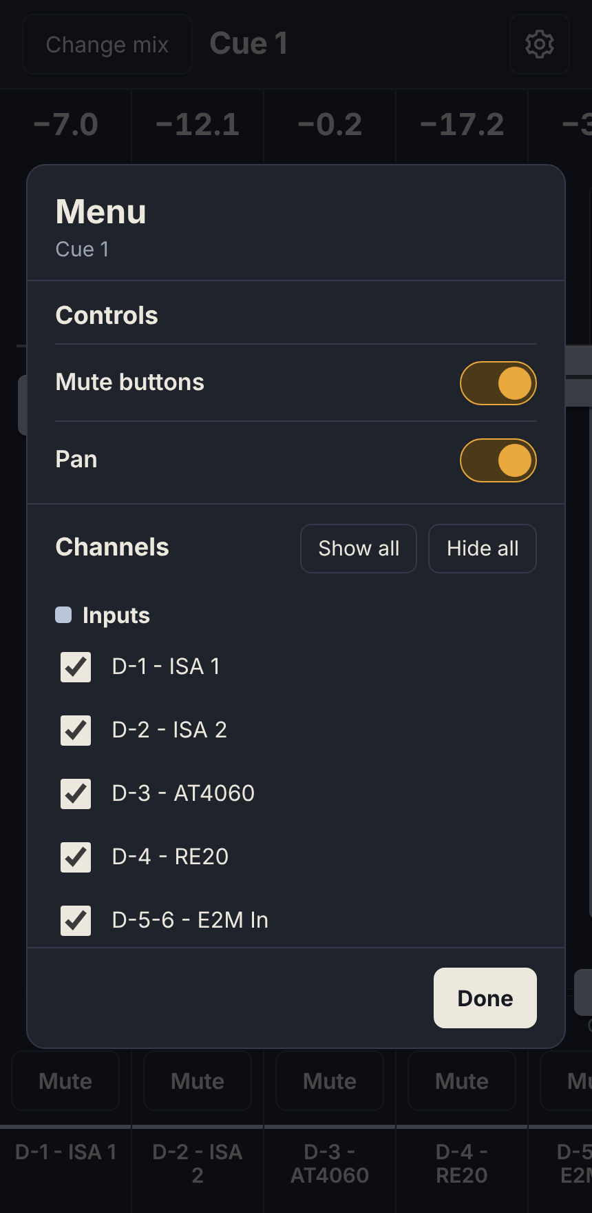 YourCue's menu on a phone, with switches for mute buttons and pan, and a list of channels to show or hide.