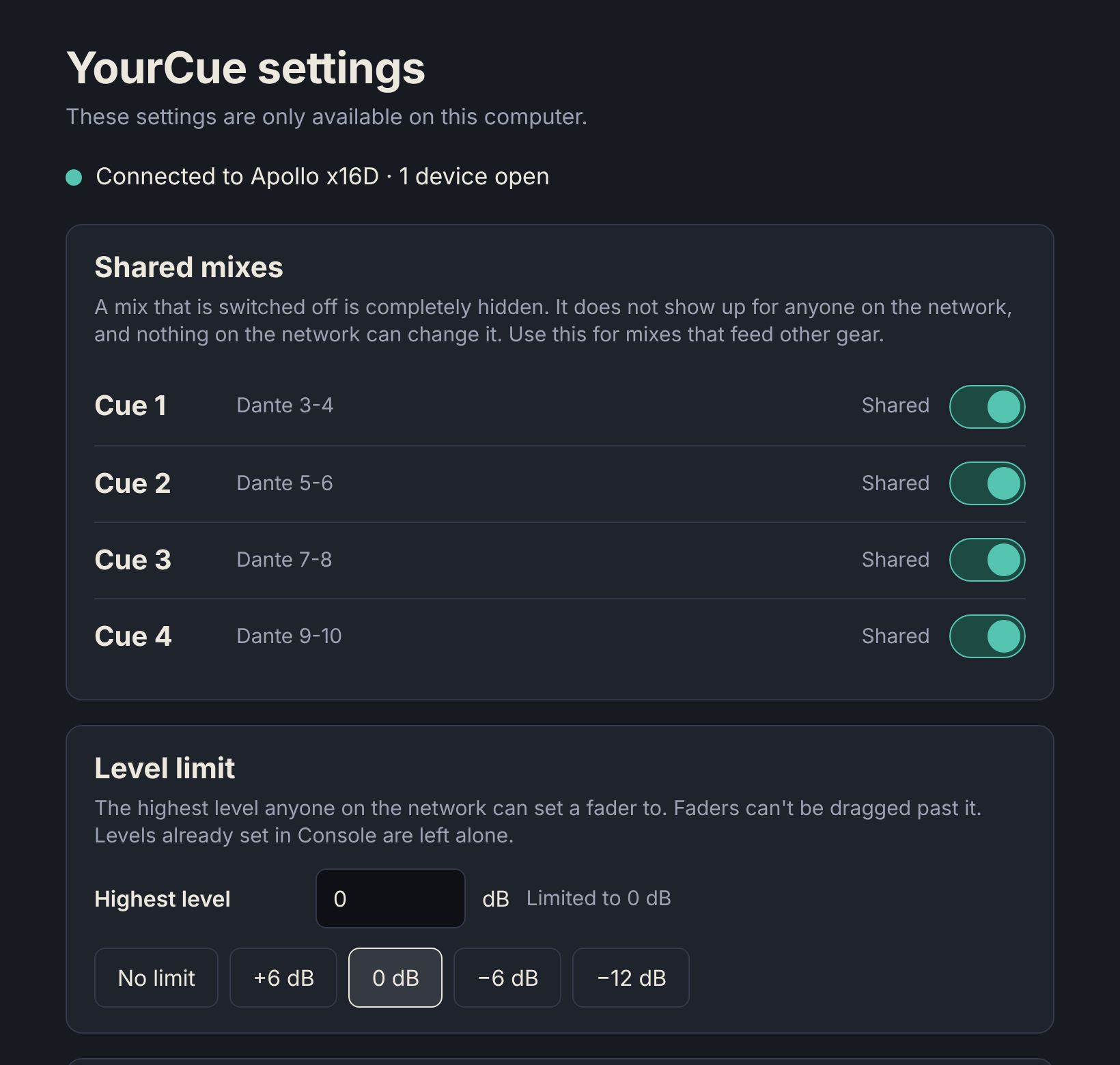 YourCue's settings window on the Mac: shared mixes, level limit and connection options.